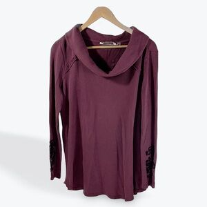 Soft Surroundings Plum Long Sleeve Waffle Knit Top with Black Embroidery XL